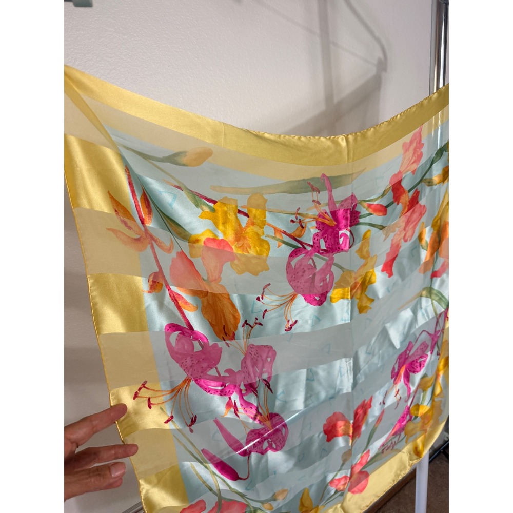 Valentino Silk Scarf Floral Lily Print Yellow Blue Made in Italy Square Scarf - Picture 4 of 6